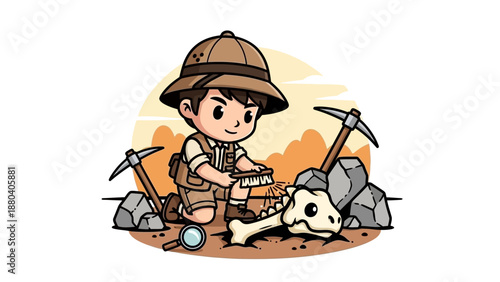 Kid Paleontologist Digging Dinosaur Bones