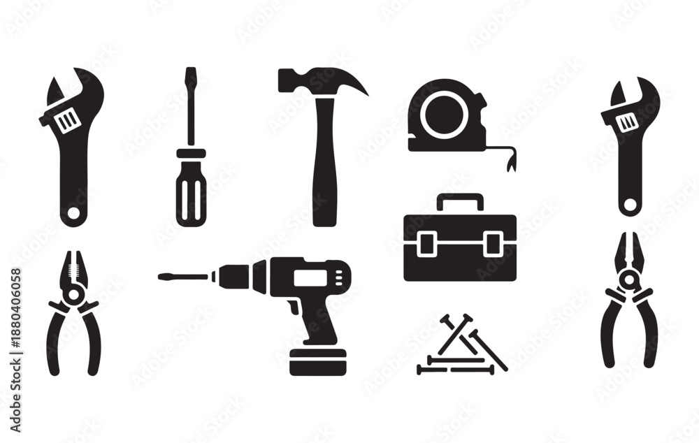 Fototapeta premium Assortment of construction and repair tools in silhouette: wrench, screwdriver, hammer, drill, pliers