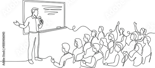 Line art presentation illustration showing a speaker with microphone teaching an audience in a classroom or seminar setting