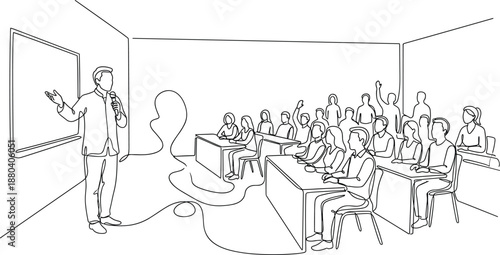 Line art classroom illustration showing a teacher giving a lecture to students seated at desks with raised hands in a learning environment