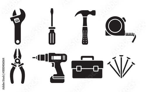 Black silhouette icons of tools for construction and home improvement, isolated on white