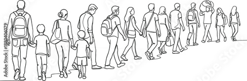 People line art illustration of a group of adults and children walking together, shown from behind and side view in a minimal continuous outline style