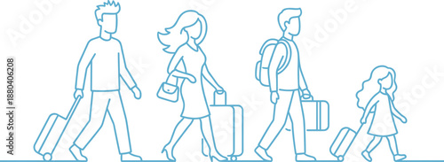 Travelers line art illustration of adults and a child walking with suitcases, shown in side view as a minimal blue outline travel scene