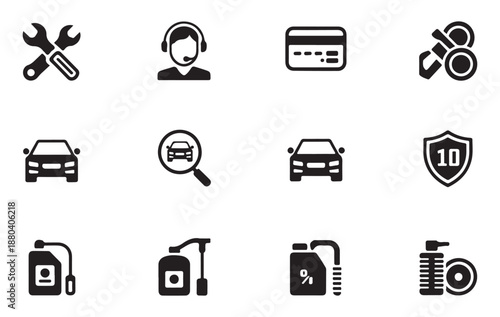 Collection of automotive service icons including car maintenance payment support and warranty signs