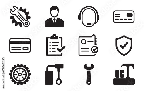 Set of black and white icons for automotive repair service customer support and payment