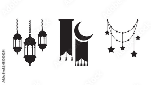 Vector Illustration Of Ramadan Decorations Including Lanterns, Banner With Crescent Moon, And Star Garland For Islamic Holiday Concept