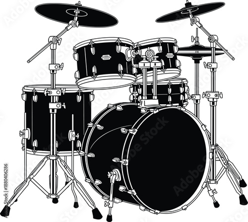 Professional Drum Kit Illustration Featuring Bass Drum Snare Toms Cymbals and Hardware in a Detailed Black and White Vector Style Isolated on a Plain White Background