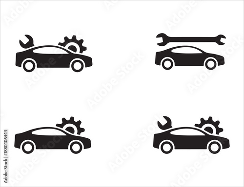 Automotive service icons set showing car repair maintenance with wrench and gear symbols for garage