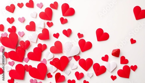 A vibrant assortment of red, pink, and white paper hearts gently scattered on a clean, soft surface, perfect for romantic themes,  cute,  white