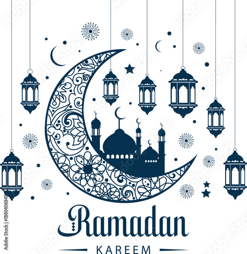 Islamic crescent moon with mosque and lanterns for Ramadan Kareem vector