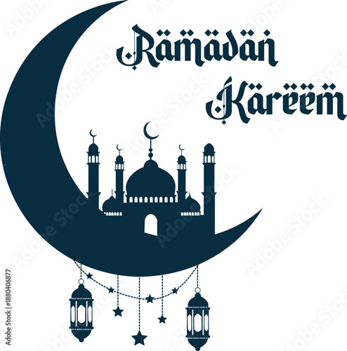 Ramadan Kareem crescent moon mosque lanterns and stars Islamic greeting vector