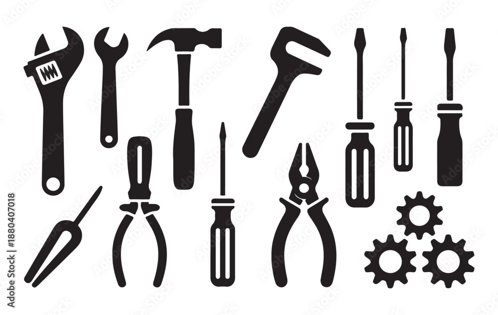 Fototapeta premium Collection of black silhouette tools and gears isolated on white background for repair and construction