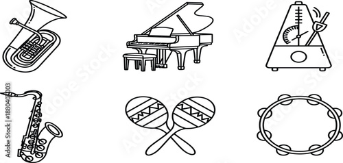 Vector musical instrument line icon set featuring grand piano, saxophone, tuba, metronome, maracas, and tambourine for music education and performance branding,