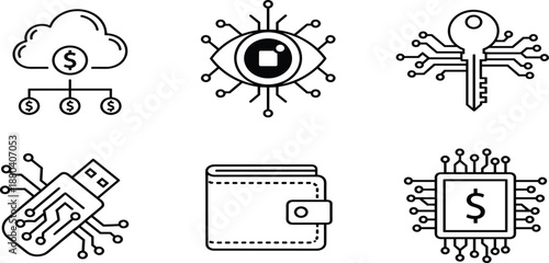 Vector icon set for fintech and cybersecurity featuring cloud banking, biometric vision, digital encryption key, secure hardware, electronic wallet, and microchip