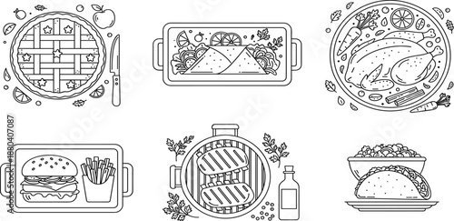 Vector line art icon set featuring apple pie, roast chicken, grilled steak, hamburger with fries, tacos, and gourmet wraps, food,