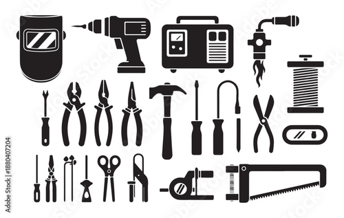 Industrial and construction tools icons including welder drill hammer pliers wrench wire spool and saw black silhouettes