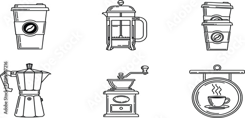 Set of six white vector line icons featuring coffee cup, french press, moka pot, coffee grinder, and cafe hanging sign.
