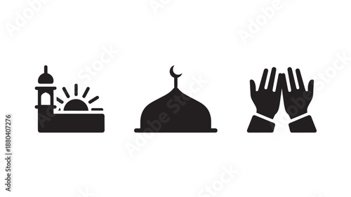 Vector Illustration Of Ramadan Symbols Including Mosque, Crescent Moon And Praying Hands For Holy Month Of Ramadan For Cultural And Religious Marketing