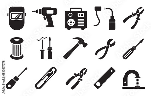 Industrial tools for mechanical and welding work including drill welder pliers hammer saw and screwdriver black silhouettes