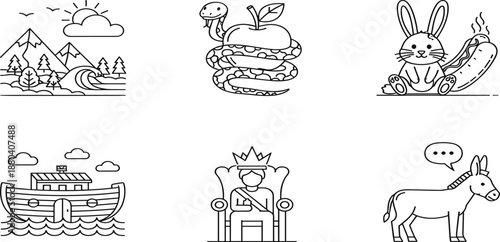 Set of six black and white vector line icons featuring nature landscape, biblical snake, rabbit, Noah's ark, king, and donkey.