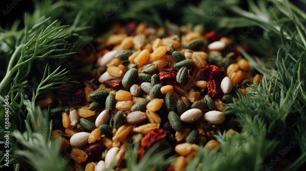 Fototapeta premium Close up of a vibrant mix of seeds grains and dried fruits garnished with fresh dill herbs