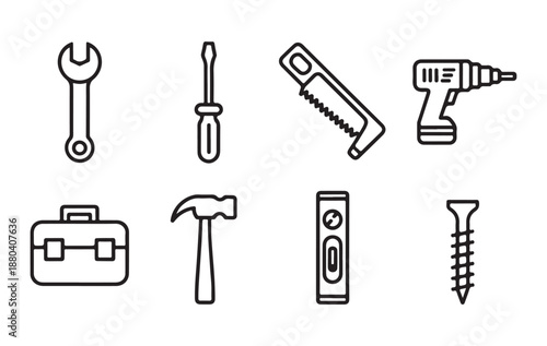 Simple line art tools for home repair construction and building tasks including a drill hammer