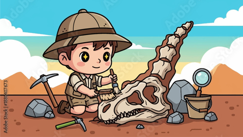 Little boy digging dinosaur fossil bone