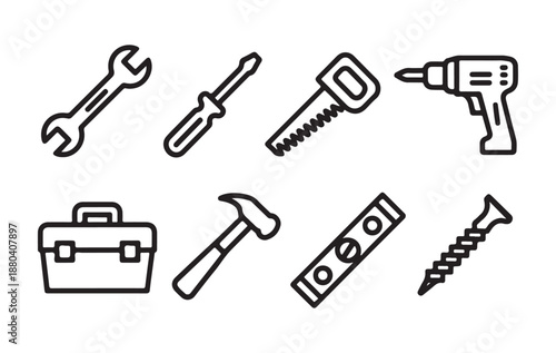 Minimal line art icons featuring essential building tools for construction and renovation projects