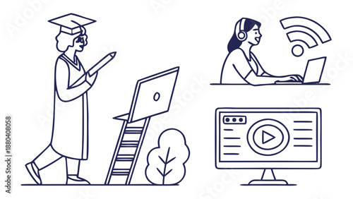 Graduate delivering online lecture isolated on white background, Vector