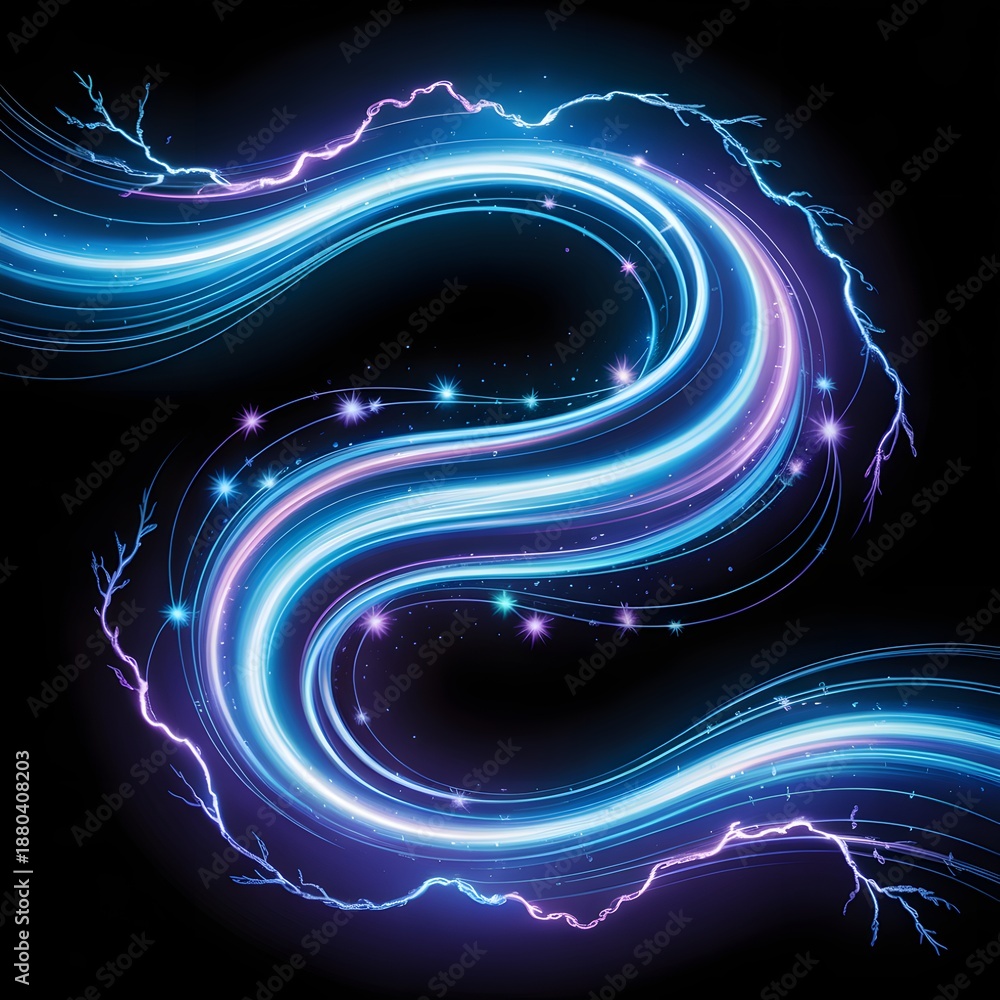 Obraz premium Abstract glowing blue and purple light trails forming curved S shape with electric lightning and sparkling particles on black