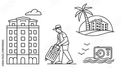 Traveler arriving at tropical resort isolated on white background, Vector