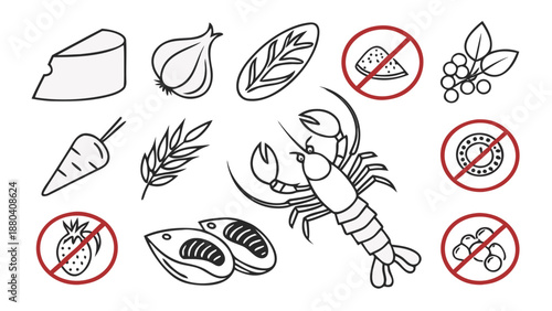 Ingredients for seafood risotto isolated on white background, Vector