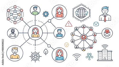 Integrated network of professionals collaborating isolated on white background, Vector