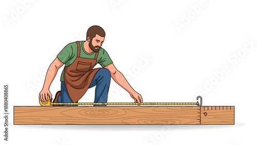 Man measuring a wooden beam with a tape measure wearing an apron