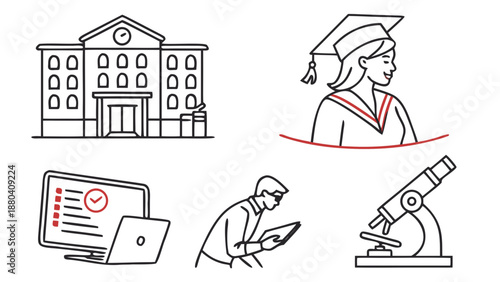 Educational institutions and activities isolated on white background, Vector