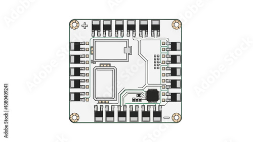 Overhead view of a complex electronic circuit board