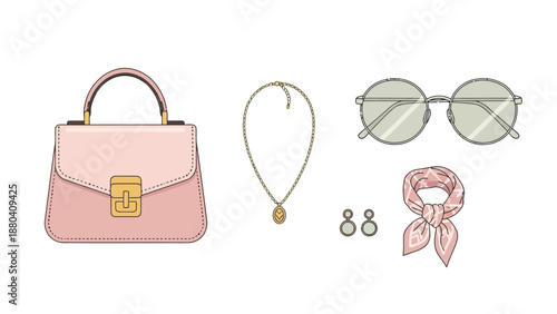 Pink handbag necklace earrings sunglasses and pink scarf