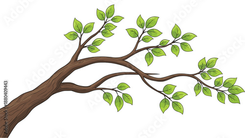 Realistic Hand Drawn Tree Branch with Green Leaves and Textured Bark Detail for Spring Nature Backgrounds Botanical Illustrations and Eco Friendly Decorative Designs