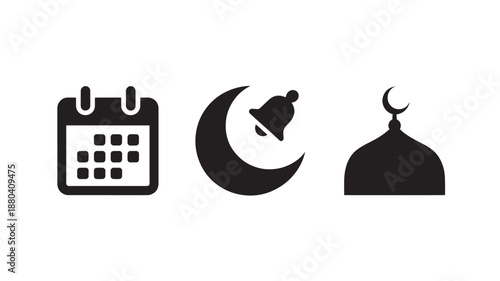 Vector Illustration Of Ramadan Symbols Including Calendar, Crescent Moon With Bell And Mosque Dome For Religious And Cultural Concepts