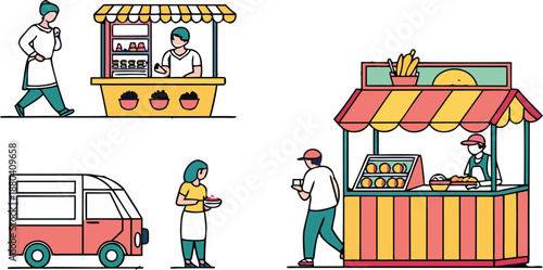 Vibrant street food market scene with vendors and customers