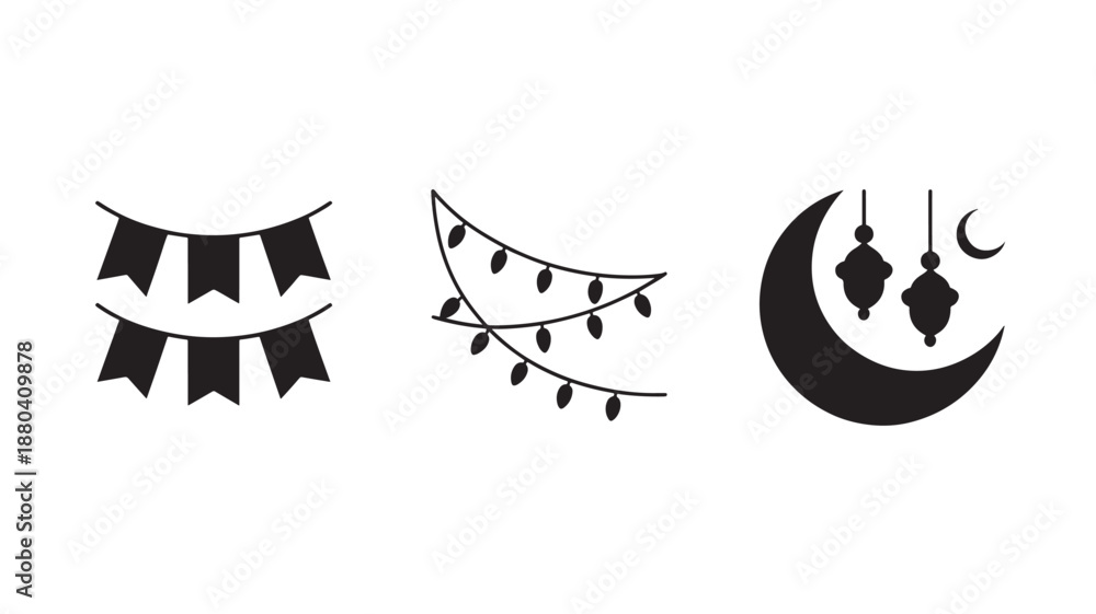 Obraz premium Ramadan Kareem Vector Illustration Set With Crescent Moon Lanterns And Flags For Islamic Holiday Decorations