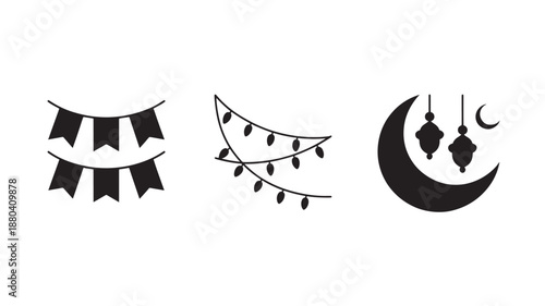 Ramadan Kareem Vector Illustration Set With Crescent Moon Lanterns And Flags For Islamic Holiday Decorations