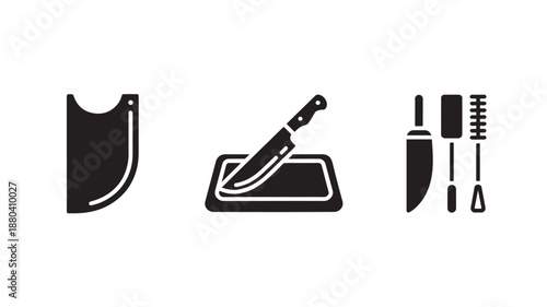 Vector Illustration Of Butcher Shop Icons Including Apron, Cutting Board With Knife, And Meat Tools For Butchery And Meat Processing Industry