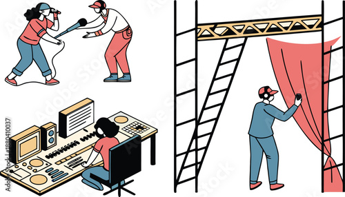 Construction workers engaged in various tasks on a building site