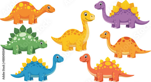 Cute cartoon dinosaur characters vector set with colorful smiling prehistoric animals in playful poses for kids design