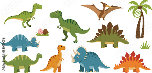 Cartoon dinosaur characters vector set with prehistoric animals, pterodactyl, eggs, palm trees, and jungle nature elements