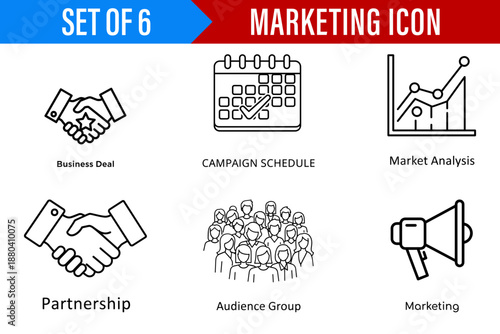 A Minimalist Illustration set of six informational marketing icons perfect for business presentations and advertising strategies.