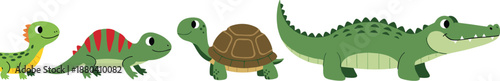 Cute cartoon reptile animals vector set with lizard, gecko, turtle, and crocodile characters in simple flat style