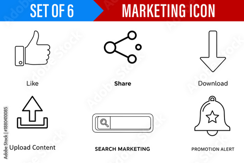 Minimalist Functional Graphic Design Set for Digital Marketing Icons including like share upload and download