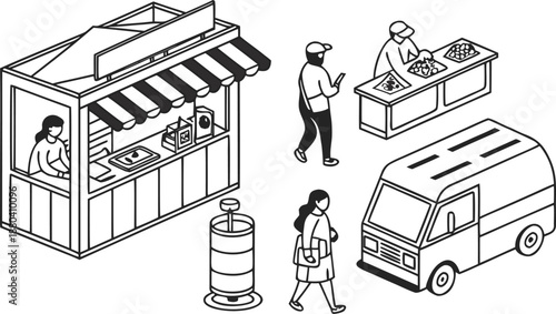 Street food vendors and customers in urban setting with delivery van